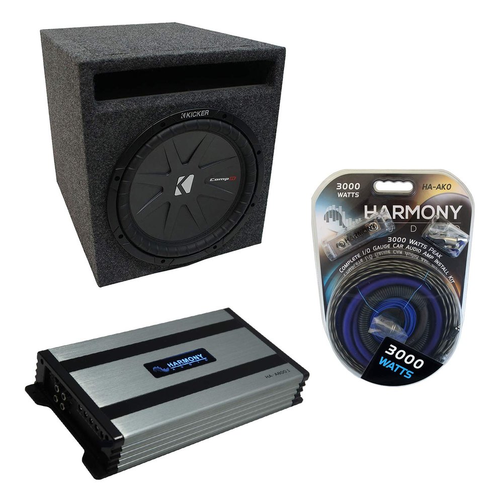 Harmony Audio Universal Car Stereo Slotted S Port Single 10" Kicker Bundle CompR CWR10 Sub Box Enclosure &-HA-A800.1 Amp