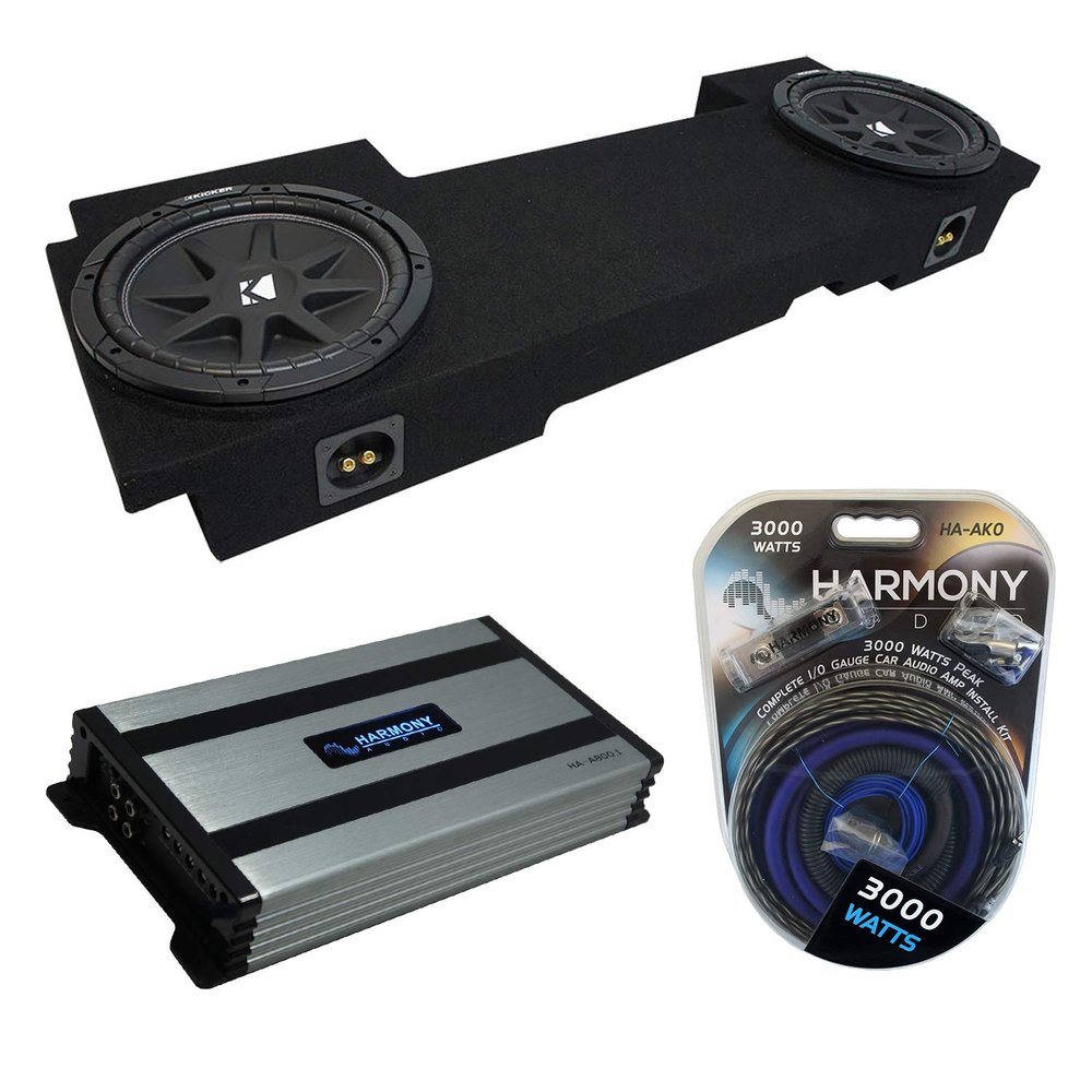 Harmony Audio HA-A800.1 Compatible with Chevy Silverado HD Crew Truck 2002-2013 Class D Mono 1600W Sub Amp, 43C104 10" Comp C10 Series Sub and GM2X10-AV-ECL-US Car Audio Custom Dual 10" Subwoofer