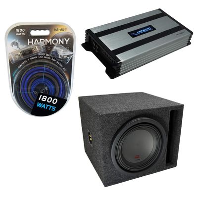 Harmony Audio Universal Car Stereo Slotted S Port Single 10" Alpine Bundle Type R R-W10D4 Sub Box Enclosure with HA-A800.1 Amplifier & 4GA Amp Kit