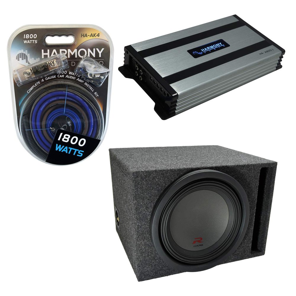 Harmony Audio HA-A800.1 Universal Car Stereo Class D Mono 1600W Sub Amp, R-W12D4 Type R Series Dual 4 Ohm 2250W Peak 12" Sub & 112VH Car Audio Single 12" Vented Subwoofer Ported Enclosure 5/8" MDF