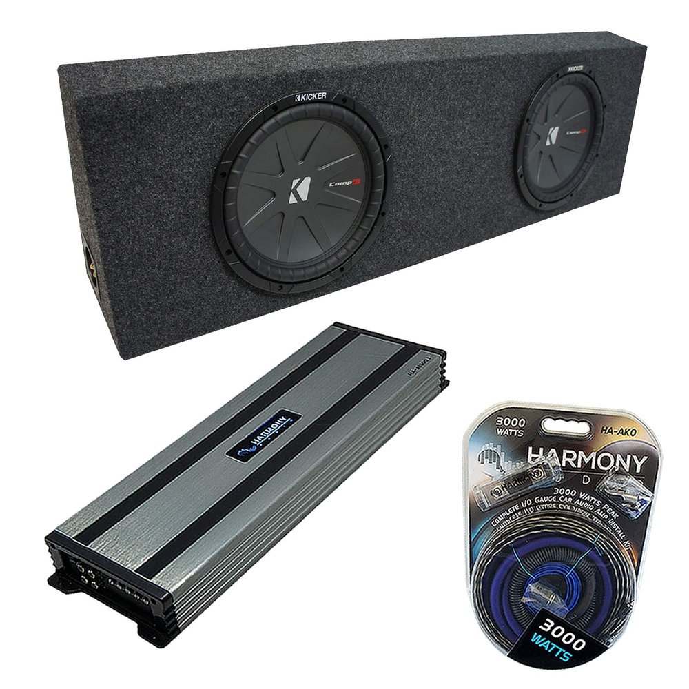 Harmony Audio HA-A1500.1 Universal Stereo Class D Mono 3000W Sub Amp, 43CWR102 10" CompR CWR10 Series 400W RMS 2 Ohm DVC Car Sub and 210TRUCK Dual 10" Regular Standard Cab Truck Sub Box 5/8" MDF -Gray