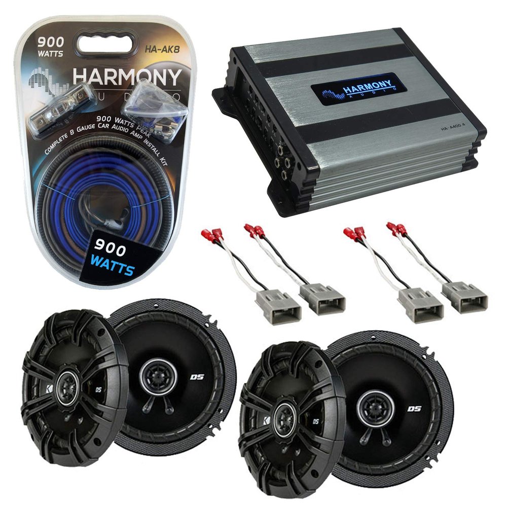 Harmony Audio HA-A400.4 Compatible with Honda Civic 1986-1991 4-Channel 800W Full Range Speaker/Sub Amplifier, 43DSC6504 DS Series 50W RMS 4 Ohm Coaxial Car Speakers and HA-AK8 8 Gauge 900W Amp Kit