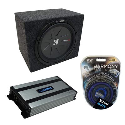 Harmony Audio Universal Car Stereo Rearfire Sealed Single 10" Kicker Bundle CompR CWR10 Sub Box Enclosure & Harmony HA-A800.1 Amp