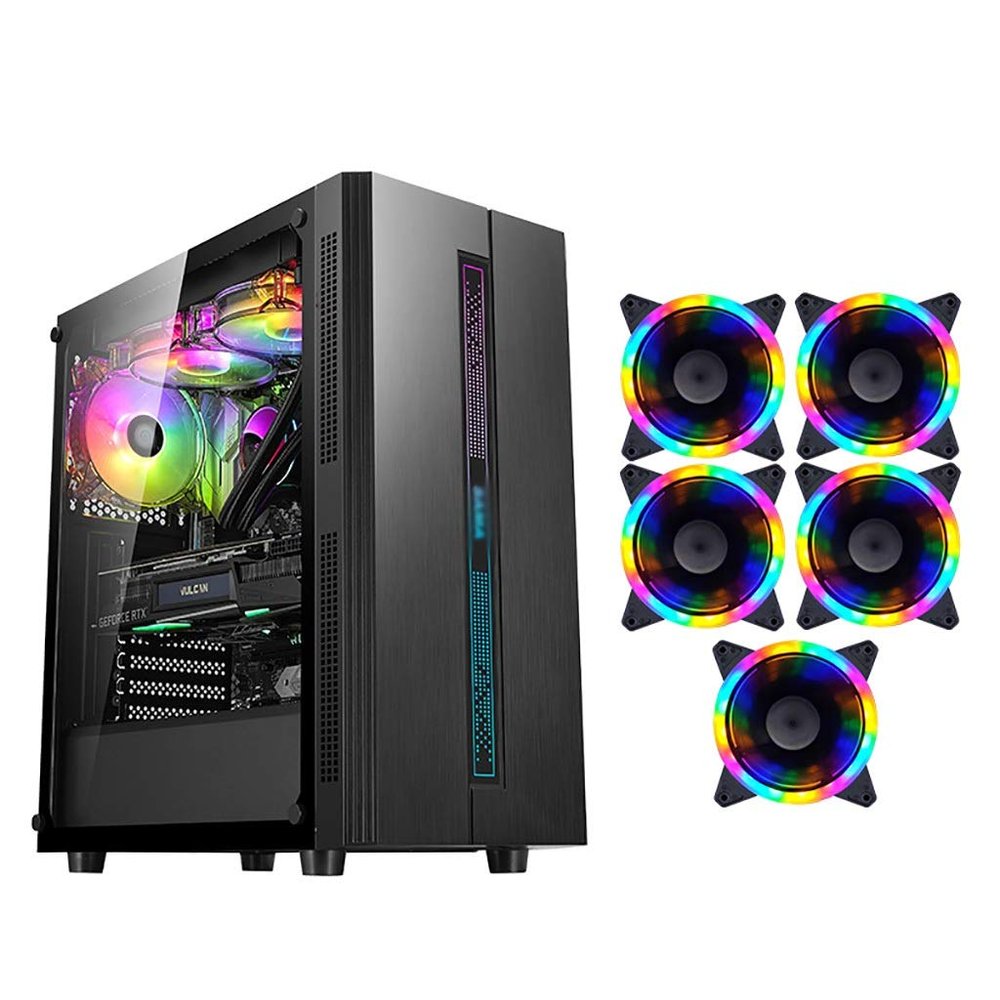 HDYD Gaming Case,Mid-Tower PC Gaming Case ATX/M-ATX/ITX - Front I/O USB 3.0 Port - Transparent Side Panel - 6 Fan Position - Water-Cooling Ready (Color : Black, Size : 5 Fan)