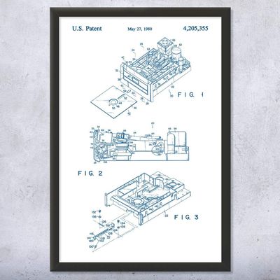 Framed Floppy Disk Drive Print, Computer Science Art, Programmer Gift, Disk Drive Art Print, Computer Lab Art Blue & White (8x10)