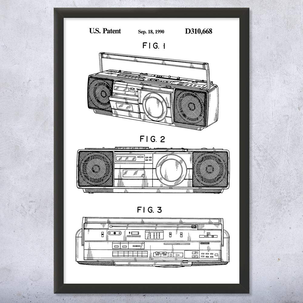 Framed Boombox Tape Player Print, Boombox Art, Radio Dj Gift, Music Art, Hip Hop Gift, Stereo Wall Art, Music Studio Art Black & White (12x16)