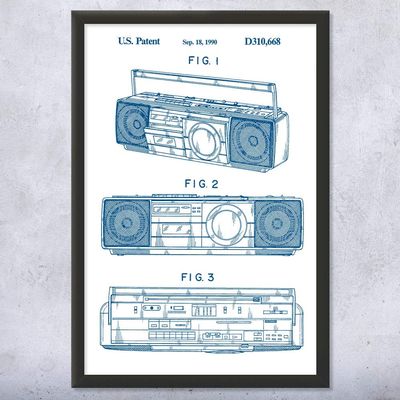 Framed Boombox Tape Player Print, Boombox Art, Radio Dj Gift, Music Art, Hip Hop Gift, Stereo Wall Art, Music Studio Art Blue & White (12x16)