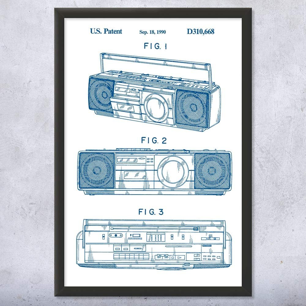 Framed Boombox Tape Player Print, Boombox Art, Radio Dj Gift, Music Art, Hip Hop Gift, Stereo Wall Art, Music Studio Art Blue & White (12x16)