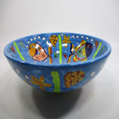14" round TALAVERA VESSEL SINK Mexican handmade ceramic bathroom basin, folk art