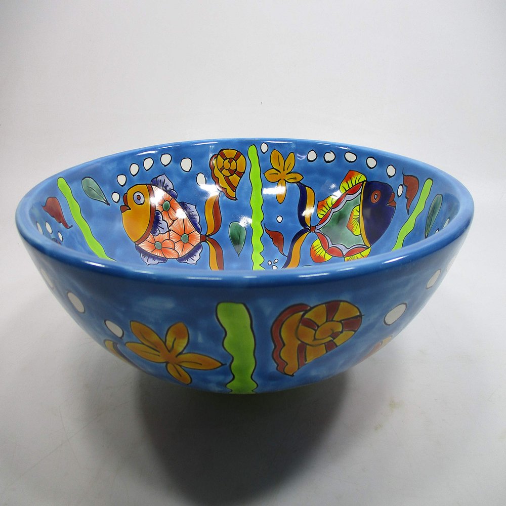 14" round TALAVERA VESSEL SINK Mexican handmade ceramic bathroom basin, folk art