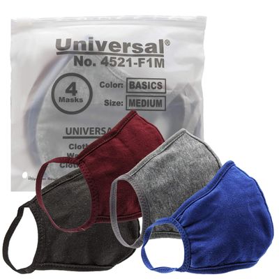 Universal Cloth Face Masks Reusable Dust & Allergy Masks 100% Cotton, 2 Layer, Washable, for Teens & Adults Protects from Dust, Pollen, Pet Dander & More (Basics, Medium- Pack of 4)