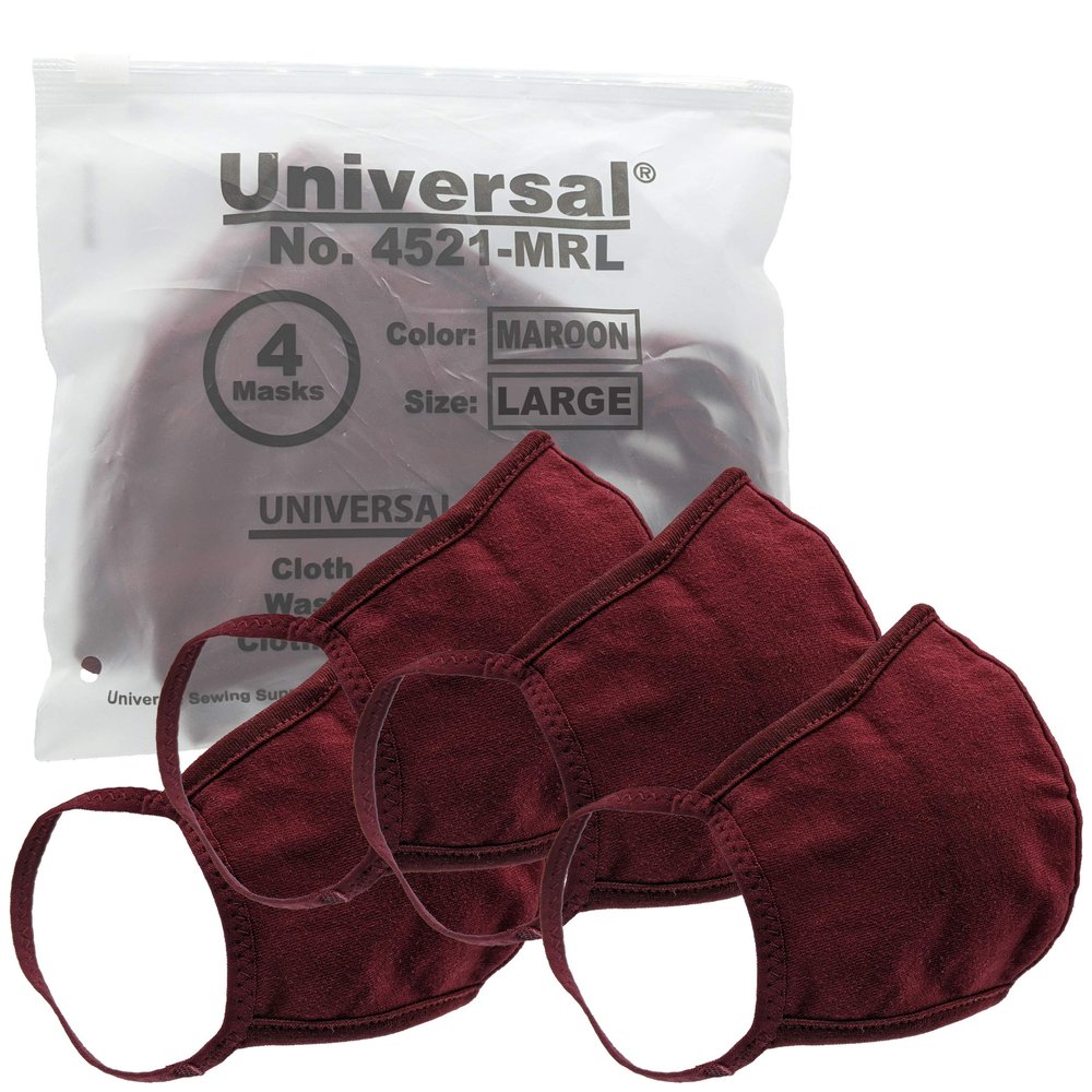Universal Cloth Face Masks Reusable Dust & Allergy Masks 100% Cotton, 2 Layer, Washable, for Teens & Adults Protects from Dust, Pollen, Pet Dander & More (Maroon, Large- Pack of 4)