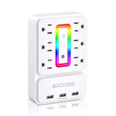 Multi Plug Outlet Extender,AICODE 6 Outlet Surge Outlet Protector with 3 USB Charger(3.2A Total),Wall Outlet Plug Electrical Outlet with 6 Ambient RGB Light , Plug Extender for Home,Office,Dorm,Hotel