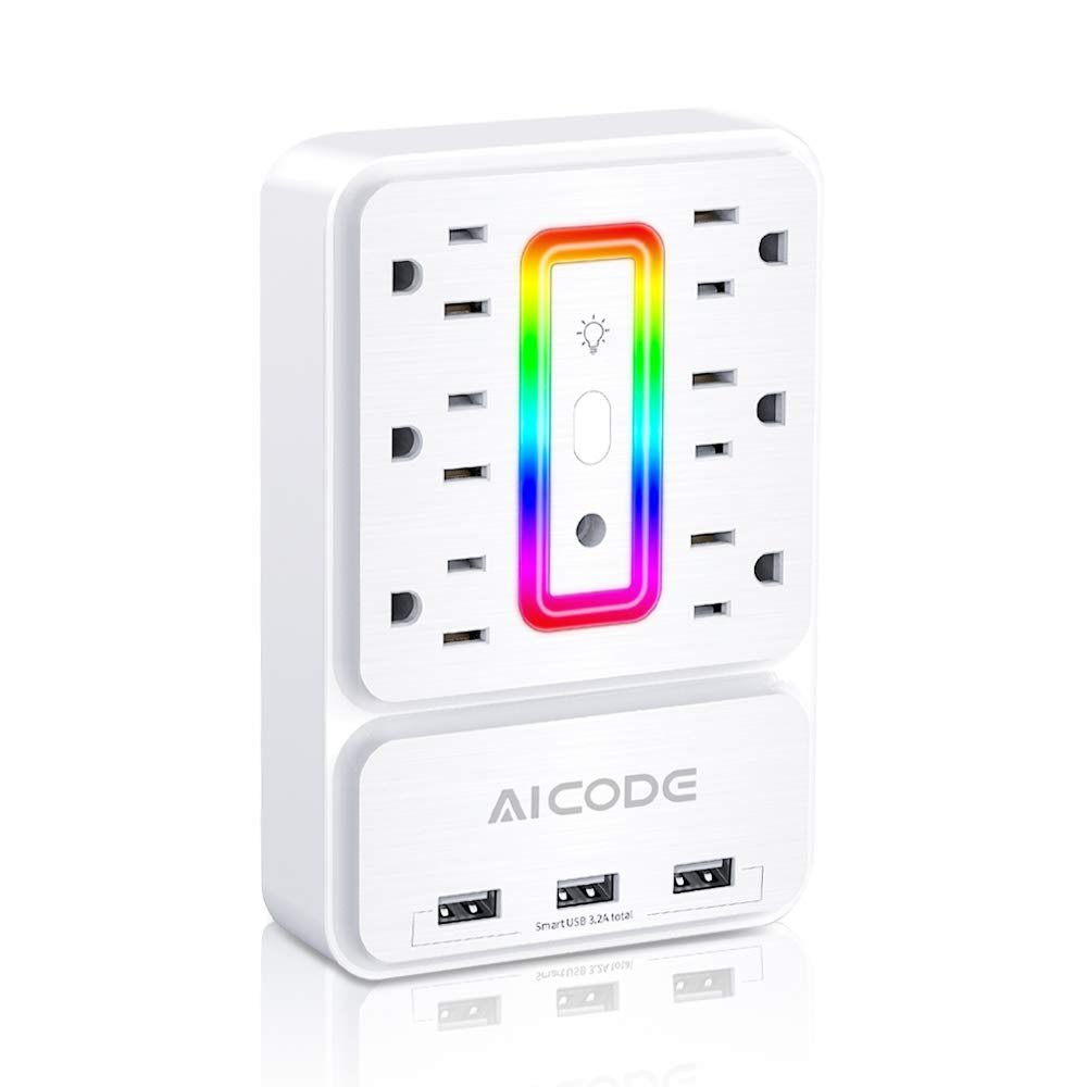 Multi Plug Outlet Extender,AICODE 6 Outlet Surge Outlet Protector with 3 USB Charger(3.2A Total),Wall Outlet Plug Electrical Outlet with 6 Ambient RGB Light , Plug Extender for Home,Office,Dorm,Hotel