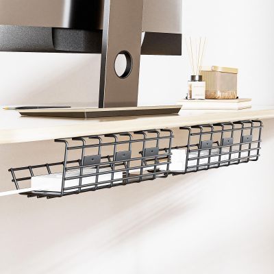 2 Pack DELAMU Under Desk Cable Management Tray, Large Metal Cord Organizer, Office & Home Cord Wire Management Under Desk Shelf, Easy Install Pre-drilled Cable Organizer, Black