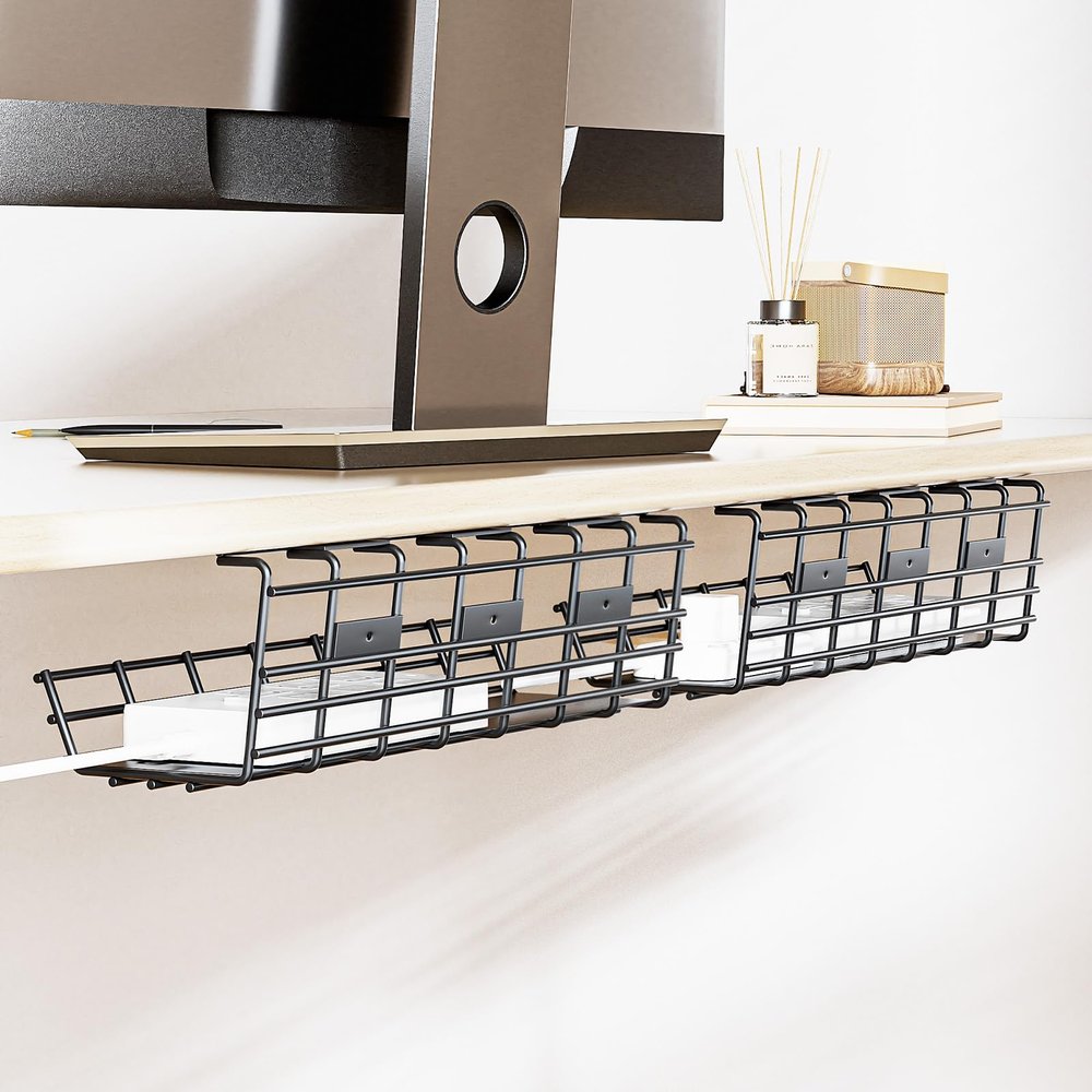 2 Pack DELAMU Under Desk Cable Management Tray, Large Metal Cord Organizer, Office & Home Cord Wire Management Under Desk Shelf, Easy Install Pre-drilled Cable Organizer, Black