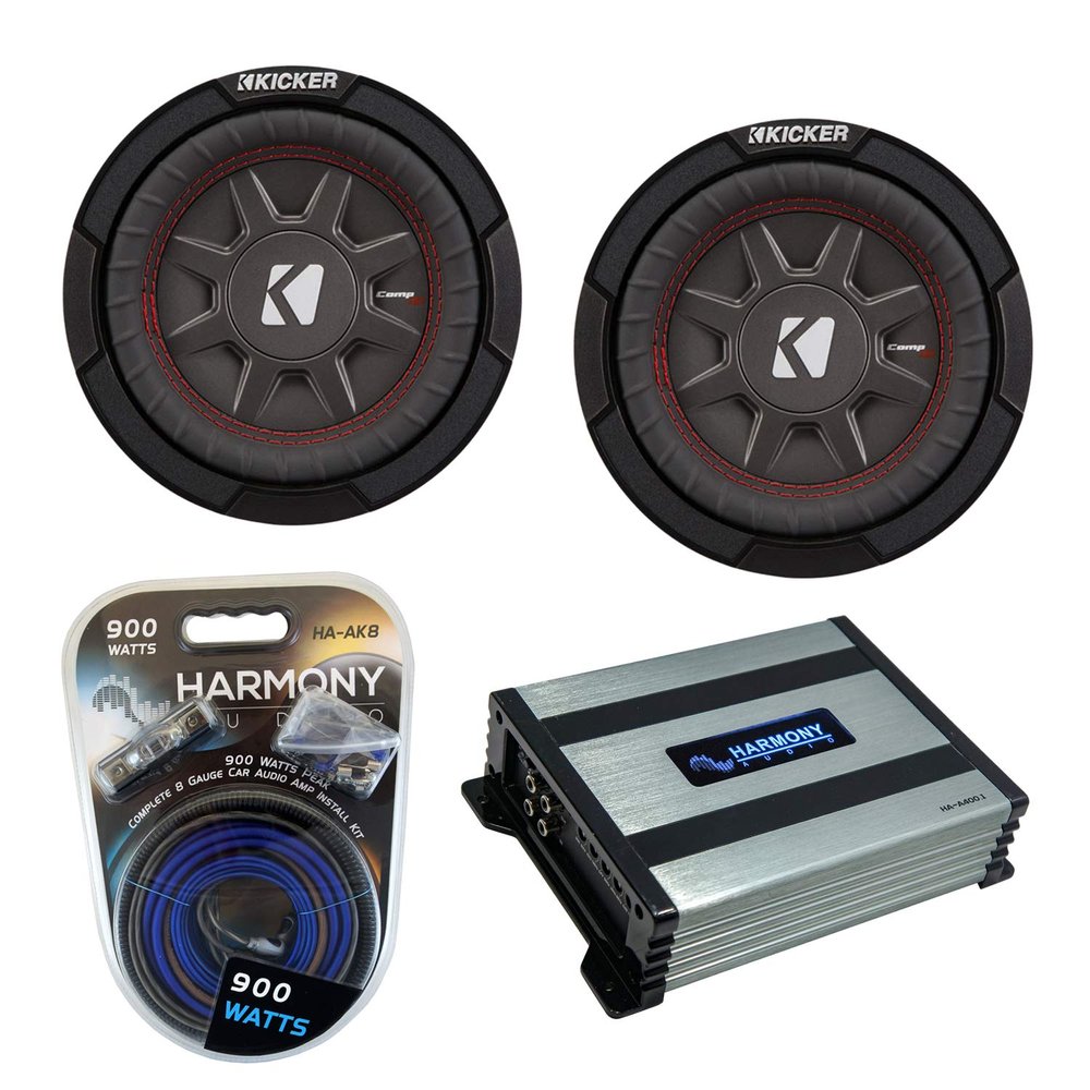Harmony Audio Kicker (2) 43CWRT672 6.75" CompRT CWRT67 Series Sub 150W RMS Subwoofer Bundle with Harmony HA-A400.1 Amplifier & Amp Kit
