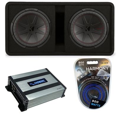 Harmony Audio Kicker 48DCWR122 Dual 12" CompR Series Sub 1000W RMS Loaded Subwoofer Box Bundle with Harmony HA-A400.1 Amplifier & Amp Kit