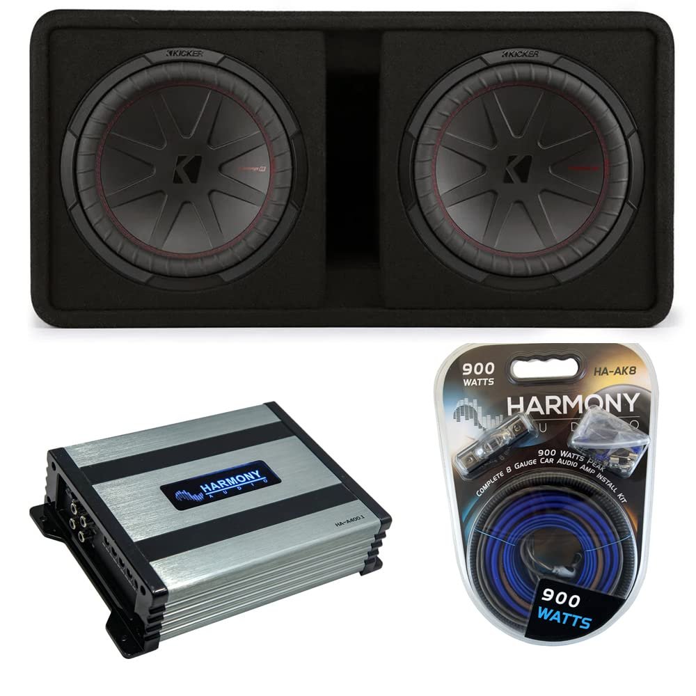 Harmony Audio Kicker 48DCWR122 Dual 12" CompR Series Sub 1000W RMS Loaded Subwoofer Box Bundle with Harmony HA-A400.1 Amplifier & Amp Kit