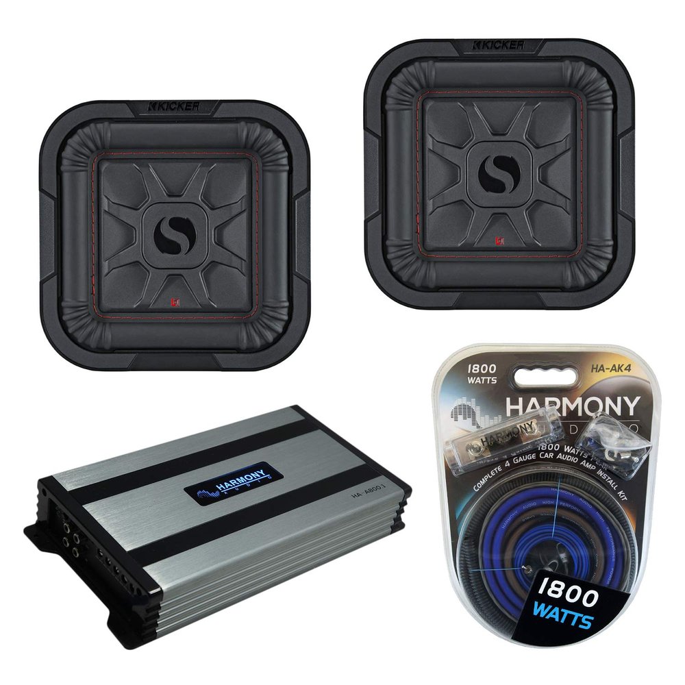 Harmony Audio Kicker (2) 46L7T82 Car Audio L7T Shallow Mount 8" Sub Square L7 Subwoofer L7T82 Bundle with Harmony HA-A800.1 Amplifier & Amp Kit