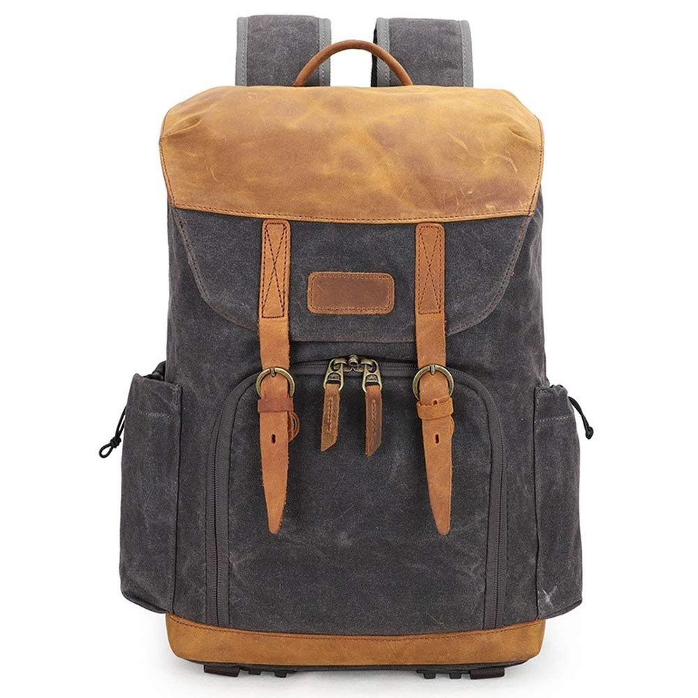 Allacki Large Capacity Vintage Waterproof Camera Bag SLR Waxed Canvas Backpack (Dark gray)