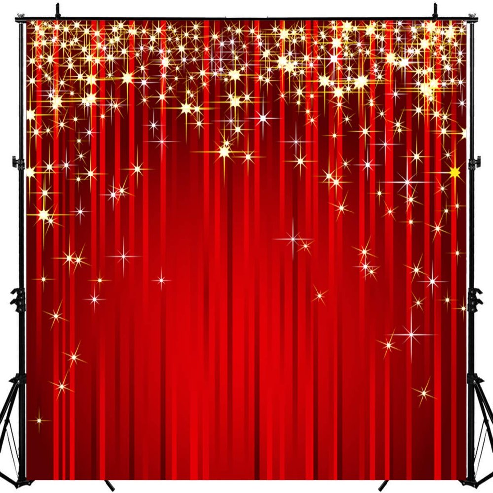 Sensfun 6x6ft Red Star Christmas Backdrop Gold Glitter Star Photography Background Red Streamer Photobooth Backdrops for Adult Awards Event Kids Birthday Party Decor Portrait Photo Shoot Studio Props