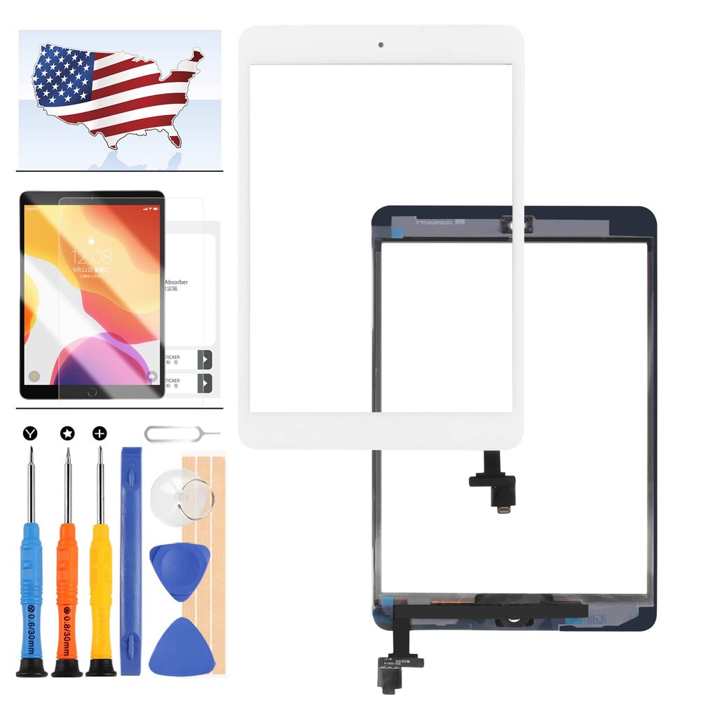 Digitizer Screen Replacement for iPad Mini 1 2 Mini1 A1432 A1454 A1455 Mini2 A1489 A1490 A1491 Touch Screen Glass Panel with Home Button and IC Connector Touchscreen Free Tools Kits (White)