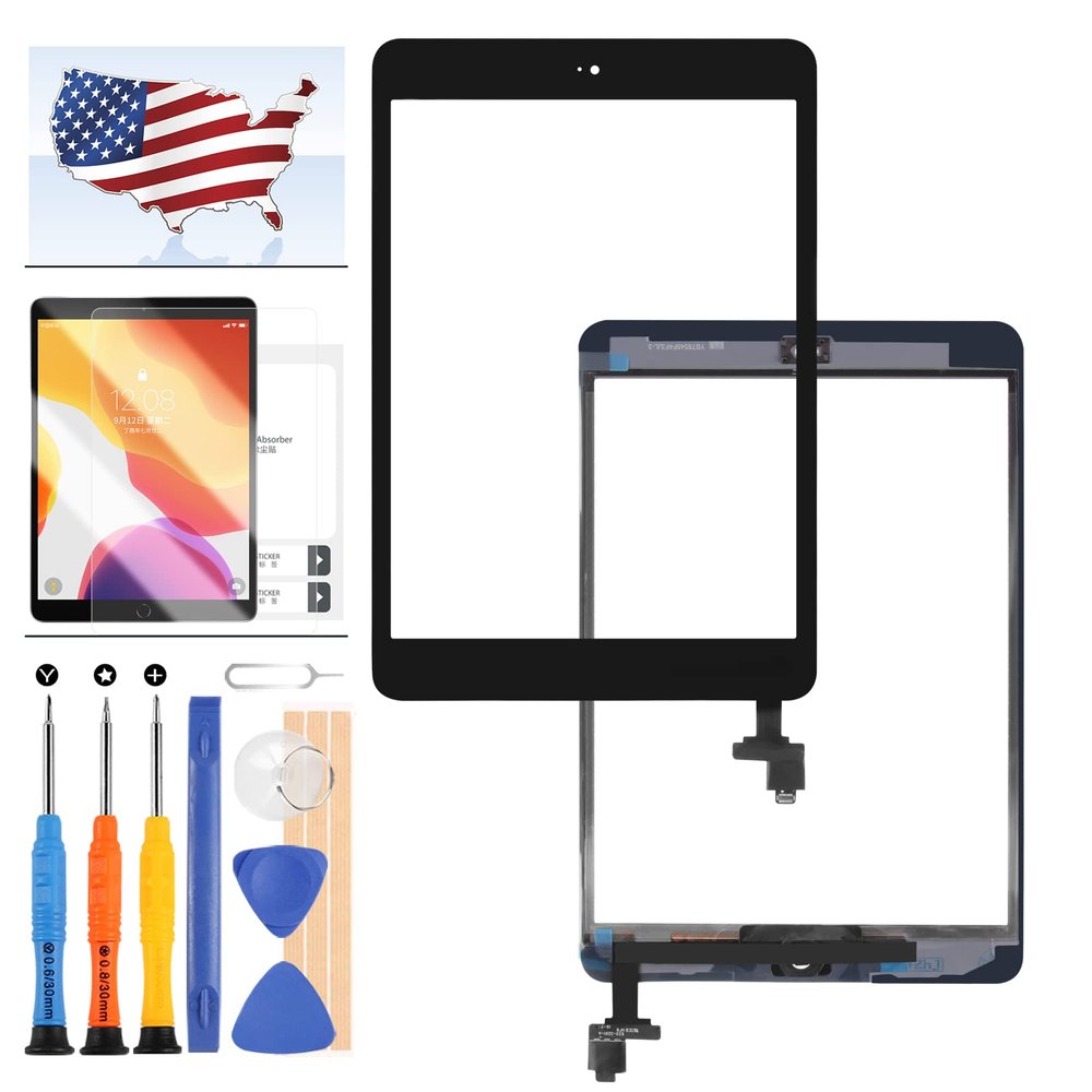 Digitizer Screen Replacement for iPad mini 1 2 Mini1 A1432 A1454 A1455 Mini2 A1489 A1490 A1491 Touch Screen Glass Panel with Home Button and IC Connector Touchscreen Free Tools Kits (Black)