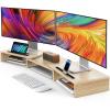 AMERIERGO Dual Monitor Stand Riser- 3 Shelf Screen Stand with Adjustable Length and Angle, 2 Extra Functional Slot Desktop Organizer Stand for PC, Computer, Laptop (Light Wood) view 1