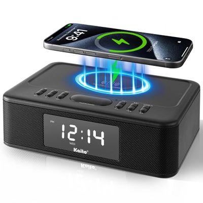 Kaito KA718 Voyager Home Bedside Alarm Clock Radio with Bluetooth Speaker & Wireless Mobile Charger, Black