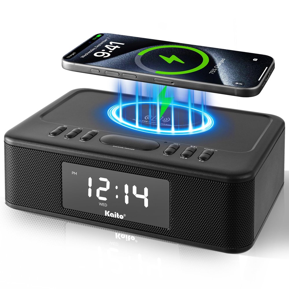 Kaito KA718 Voyager Home Bedside Alarm Clock Radio with Bluetooth Speaker & Wireless Mobile Charger, Black