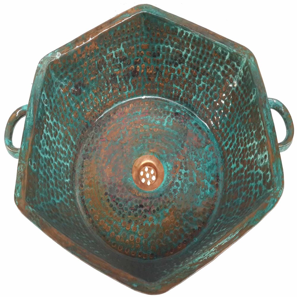 Side Handles Rustic Distressed Vessel Bathroom Copper Sink Bowl Hexagon Copper Kitchen Bar Prep Wash Basin Washbowl Household Remodel