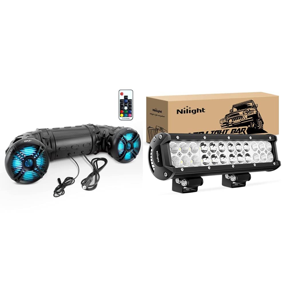 Pyle Marine ATV Bluetooth Speakers (800W) + Nilight 12" 72W LED Light Bar
