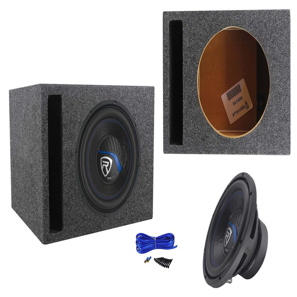 Rockville K5 W10K5S4 Bundle: 10 in 1200-Watt Peak/300-Watt RMS 4 Ohm Car Subwoofer, RSV10 1.0 cu.ft. 3/4 in MDF Vented Enclosure Box, 14 AWG Wire, Spade Terminals, 5-Items