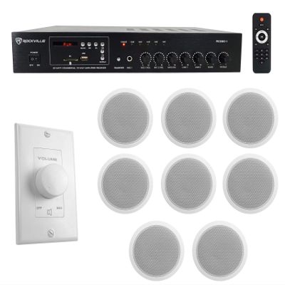 Rockville Commercial Audio Bundle: RCS80-1 60W 70V Bluetooth Amplifier, (8) CCL6T White 6" Ceiling Speakers, VOL70100 100W Wall Volume Control, 10-Items