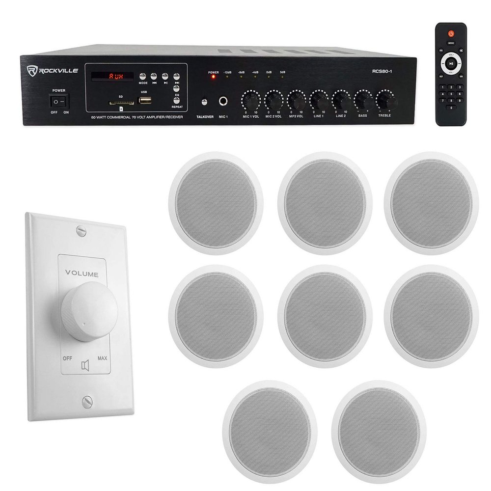 Rockville Commercial Audio Bundle: RCS80-1 60W 70V Bluetooth Amplifier, (8) CCL6T White 6" Ceiling Speakers, VOL70100 100W Wall Volume Control, 10-Items