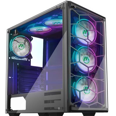 MUSETEX Phantom Black ATX Mid-Tower Case, 6 RGB Fans USB3.0 Honeycomb Airflow 2 Tempered Glass Panels, Gaming PC Case Computer Chassis 907-W6