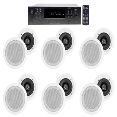 Technical Pro H12X500UBT 6000w 6-Zone 12-Speaker Bluetooth Home Theater Receiver Receiver Bundle with Pair Rockville HC55 White 5.25" 300 Watt in-Ceiling Home Theater Speakers 8 Ohm
