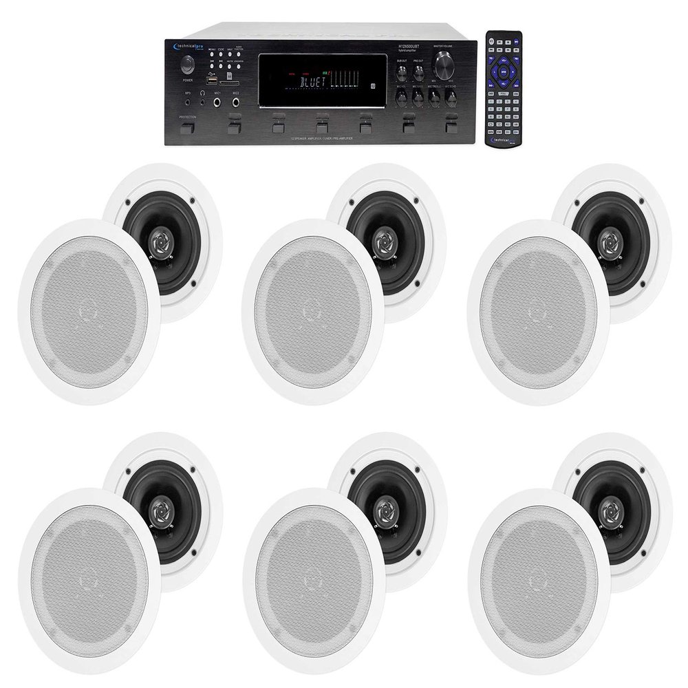 Technical Pro H12X500UBT 6000w 6-Zone 12-Speaker Bluetooth Home Theater Receiver Receiver Bundle with Pair Rockville HC55 White 5.25" 300 Watt in-Ceiling Home Theater Speakers 8 Ohm