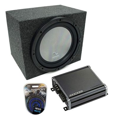 Harmony Audio A102 Bundle with Universal Car Stereo Rearfire Sealed Single 10" Loaded Sub Box with CXA800.1 Amp & Install Kit