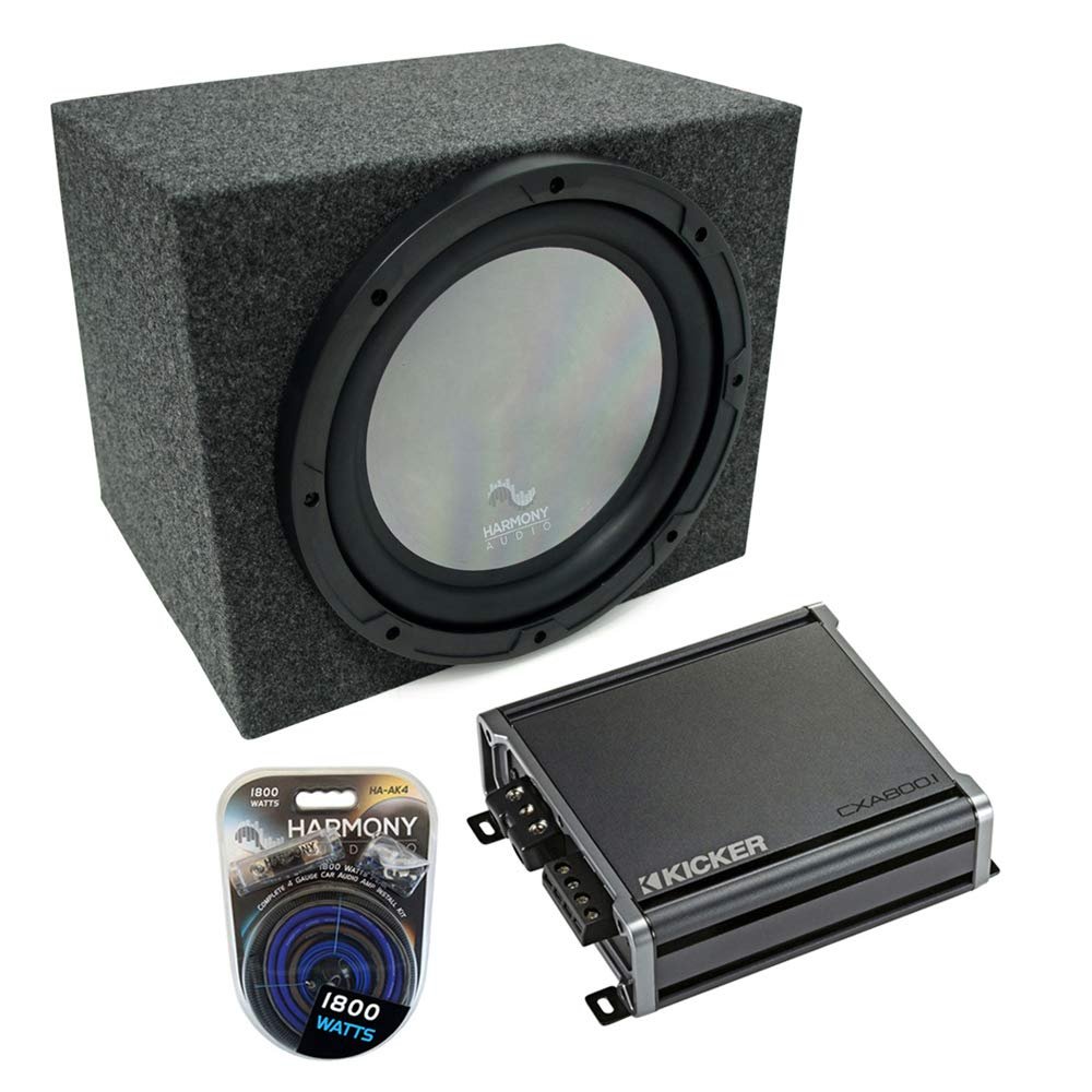 Harmony Audio A102 Bundle with Universal Car Stereo Rearfire Sealed Single 10" Loaded Sub Box with CXA800.1 Amp & Install Kit