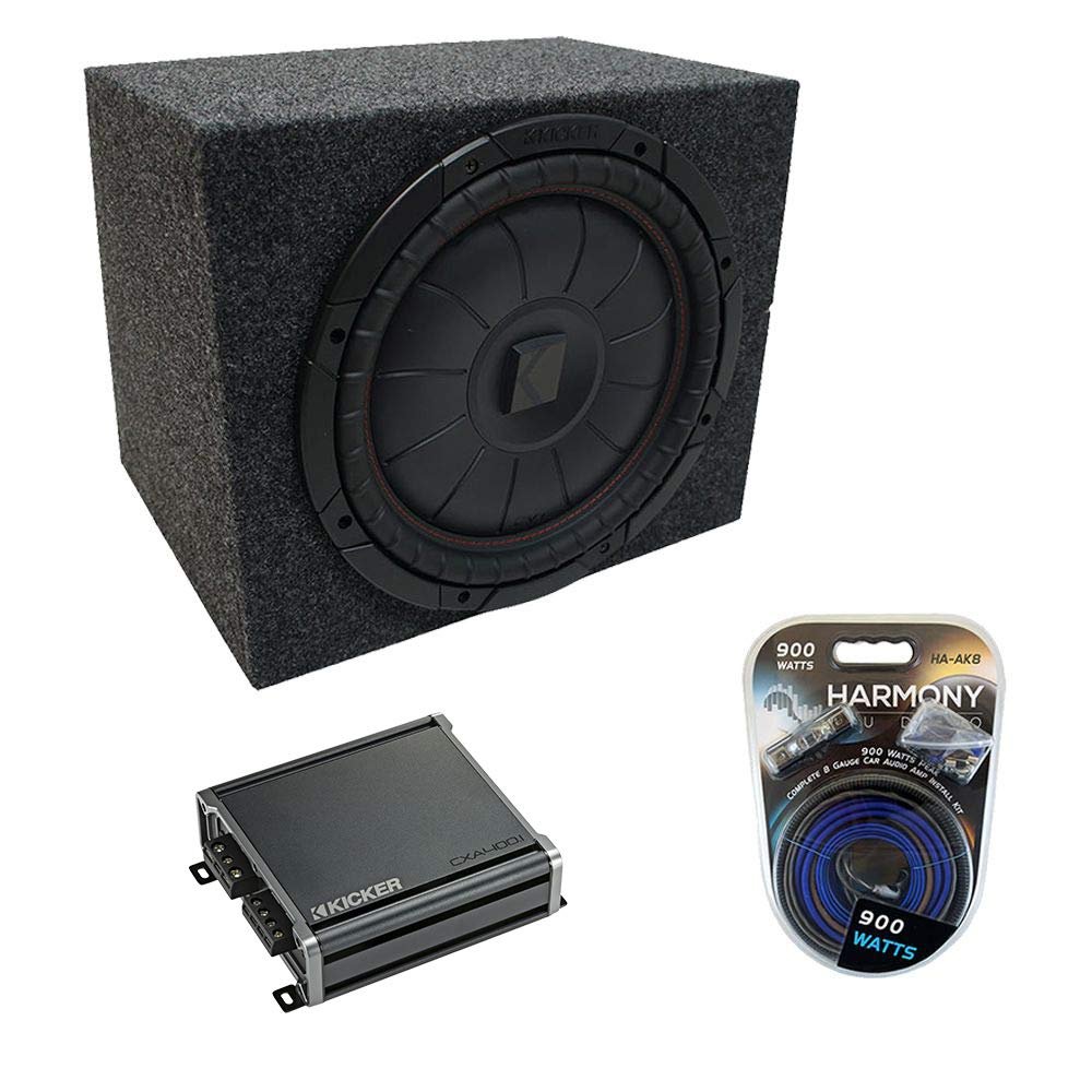 ASC RF110H Universal Audio Single 10" Sealed Subwoofer Rear Angle Sub Box Enclosure 5/8" MDF Wood, 43CVT102 10" CompVT CVT10 400W RMS 2 Ohm SVC Subwoofer and 46CXA4001 Class D Mono 800W Peak Sub Amp