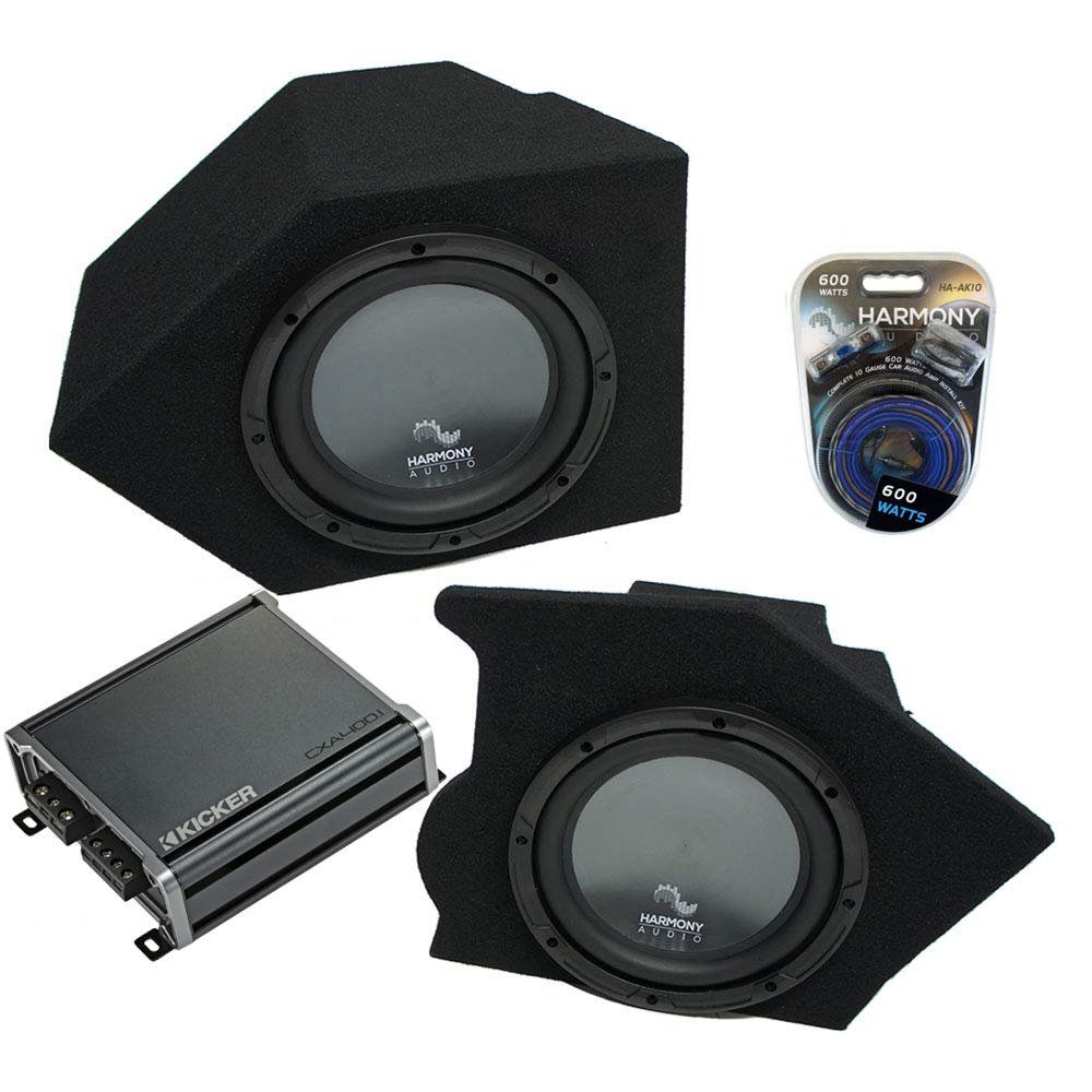 Harmony Audio HA-R104 Compatible with Chevy Camaro Coupe 1993-2002 Rear Pocket Rhythm Series 10" Sub, 46CXA4001 Car Audio Class D Mono 800W Peak Sub Amplifier and SIDEPKT1X10 10" Custom Sub Box