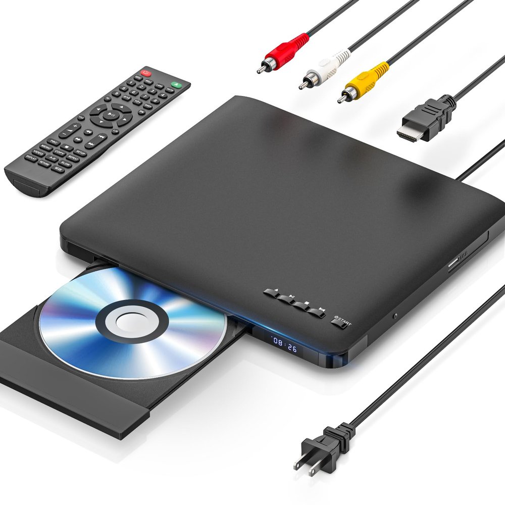 Ultra Slim DVD Player, Thin HDMI AV DVD Players for TV, 0.6 Inch Design with Region Free & Colourful HD Pixels, Supports USB Playback, NTSC/PAL DVD Player with HDMI & RCA Cables, Remote Control.