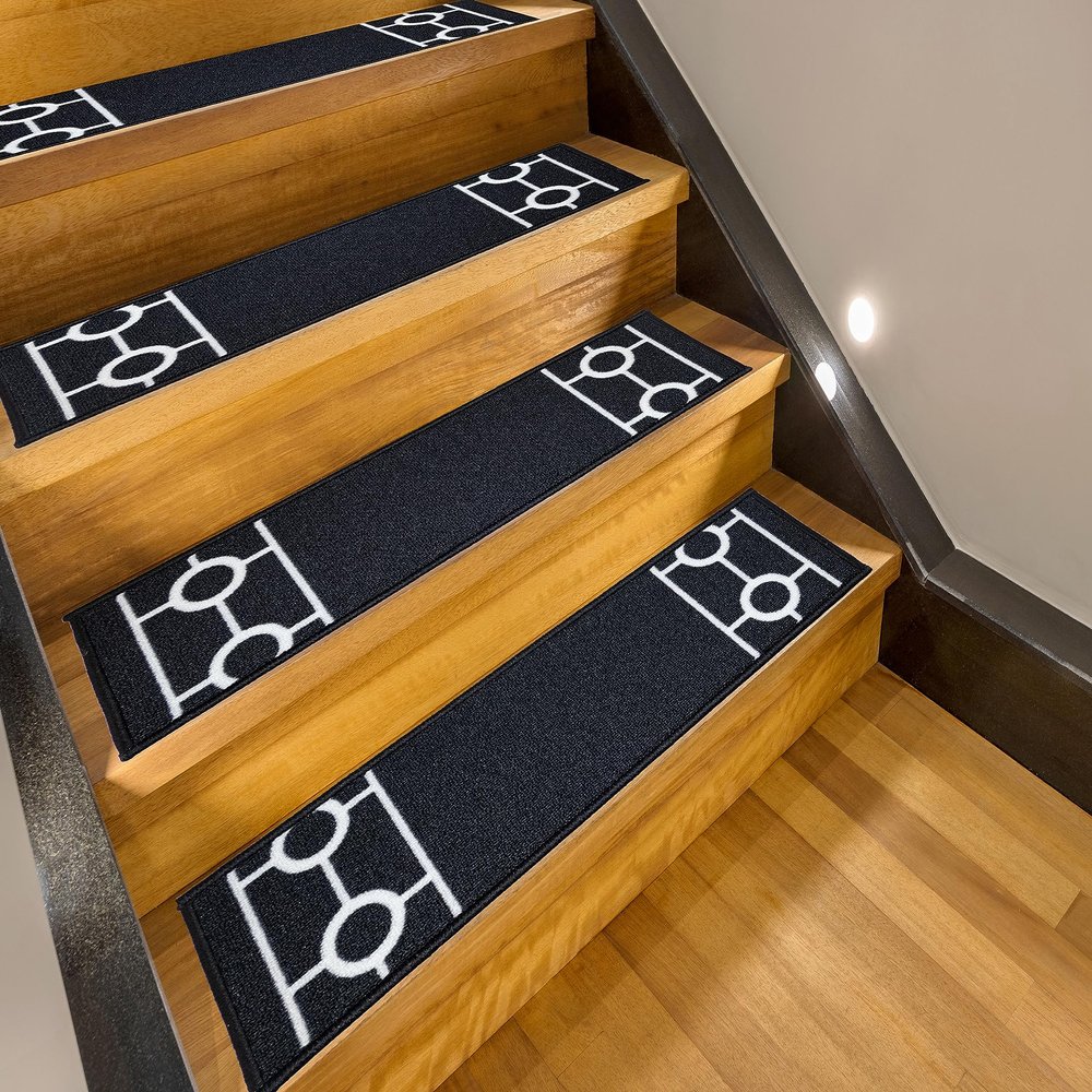 Custom Size Cut to Size Stair Treads Chain Border Black Customize Slip Resistant Latex Backing Low Profile Stair Tread Set of 13 (Black 7in x 36 in)