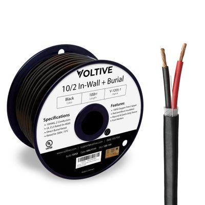 Voltive 10/2 Speaker Wire, in-Wall CL3 & Direct Burial, Black, 100ft - 10AWG, 2 Conductors, Stranded Oxygen-Free Copper, UL Listed - V-1205-1