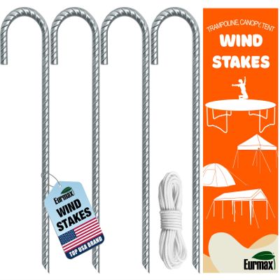 Eurmax USA Trampolines Stakes Heavy Duty Ground Stakes Canopy Parts Wind Stake with Rope 12 Inch Heavy Duty Stake Safety Ground Anchor Galvanized Steel J Shaped, Pack of 4(Silver)