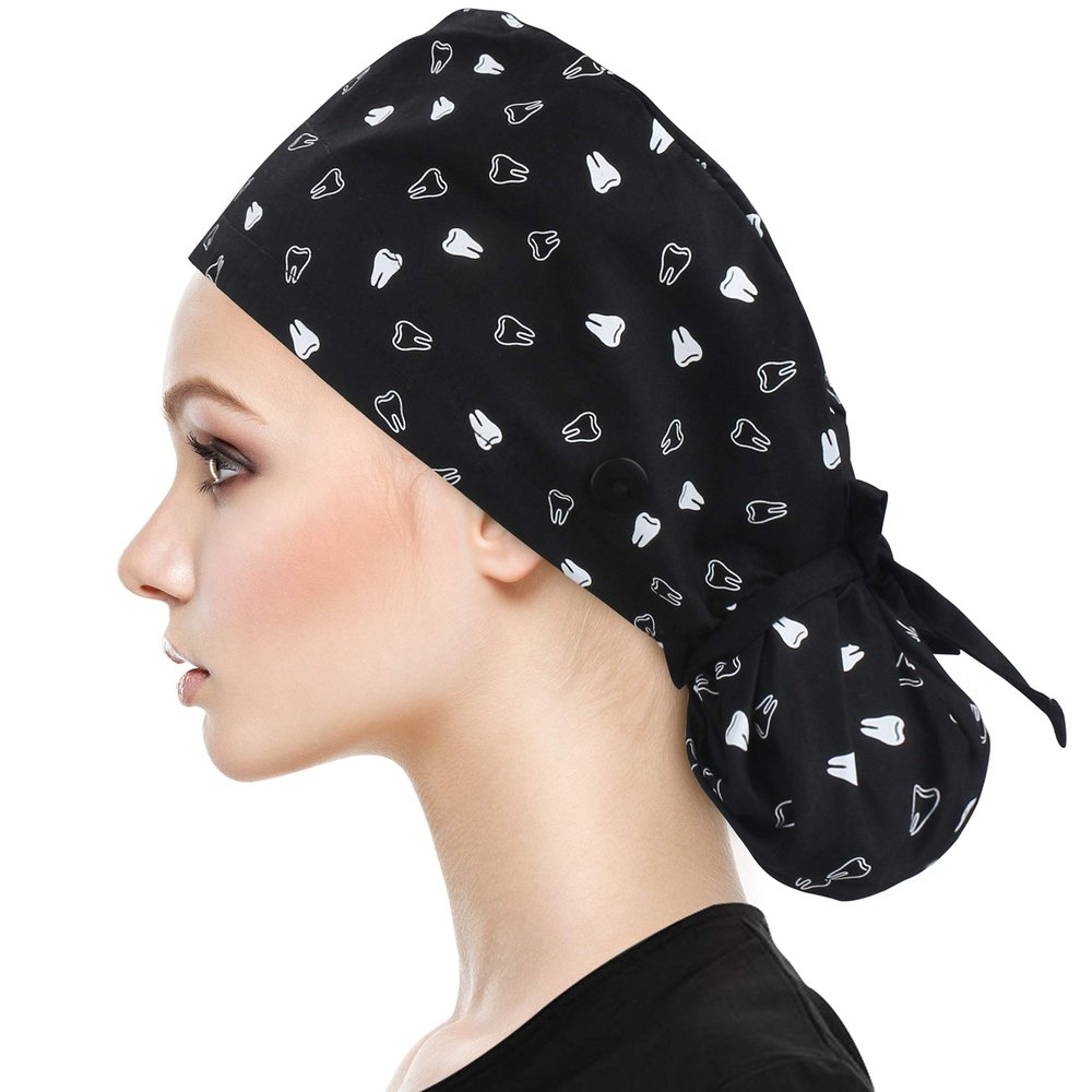 QBA Working Cap with Button Long Hair, Adjustable Working Hat Sweatband Cotton Ponytail Holder, Tie Back Hats for Women & Men, One Size