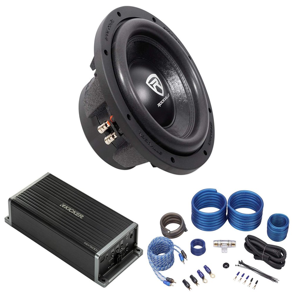 Rockville 10" K6 Subwoofer+Kicker KEY5001 500w Smart Mono Amplifier+Amp Kit