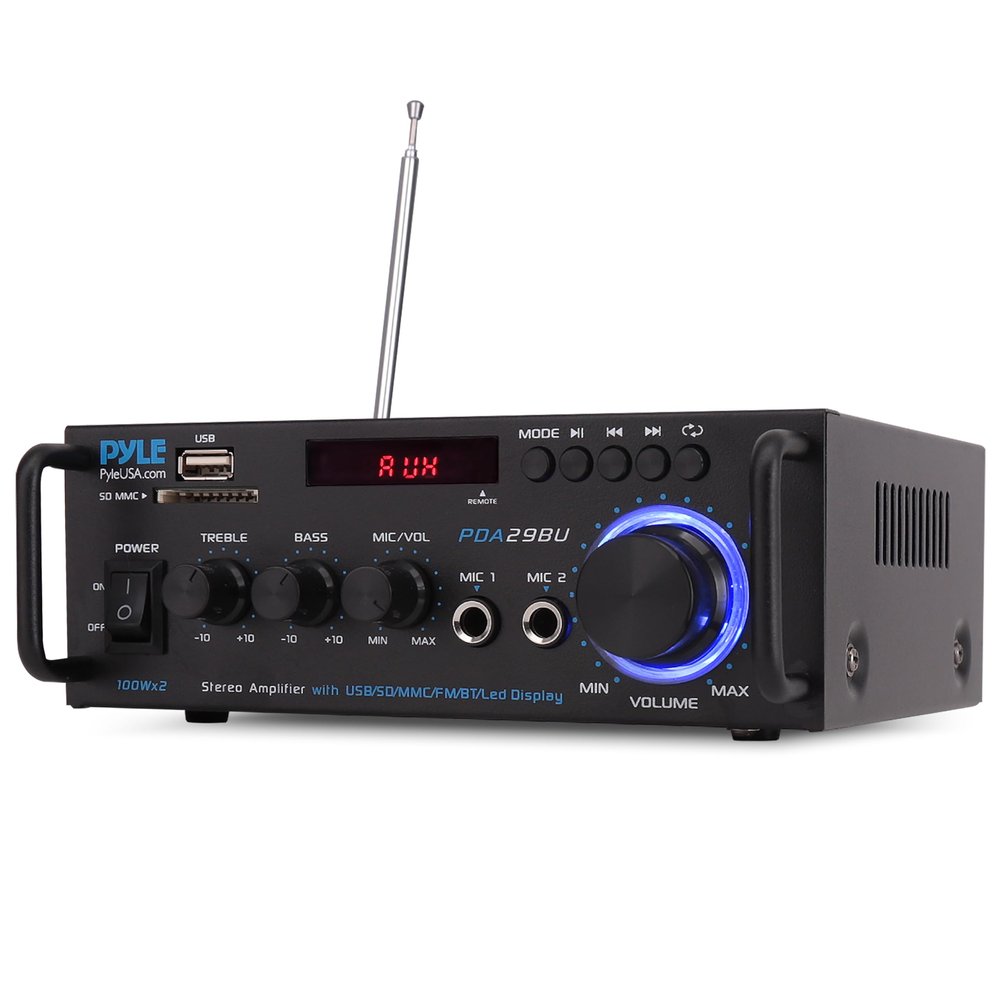 Pyle 200W Bluetooth Compact Power Amplifier - Wireless 2 Channel Audio Receiver with Dual Karaoke Mic Input - RCA - USB-A + SD Card MP3 Player - FM Radio - AUX In - Remote Control - PDA29BU